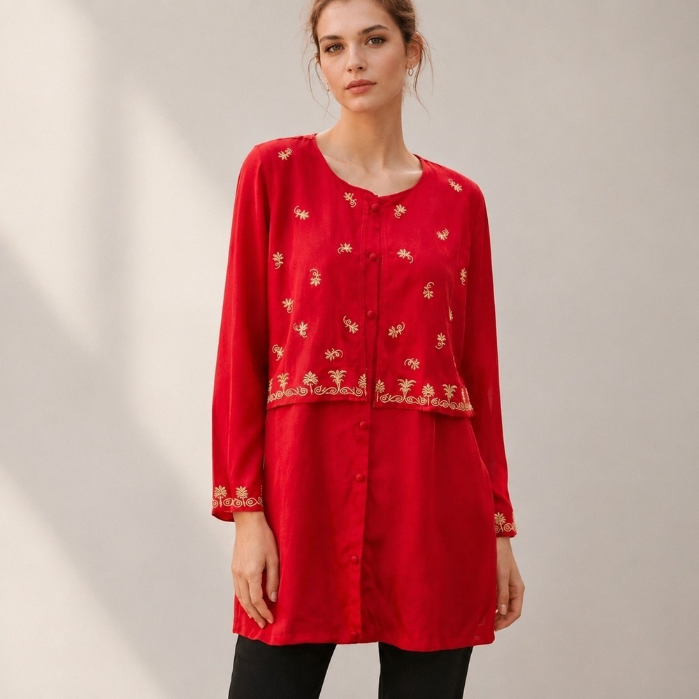 Diane Von Furstenberg NEW DVF Vintage Red Embroidered Silk Tunic Blouse SZ Large